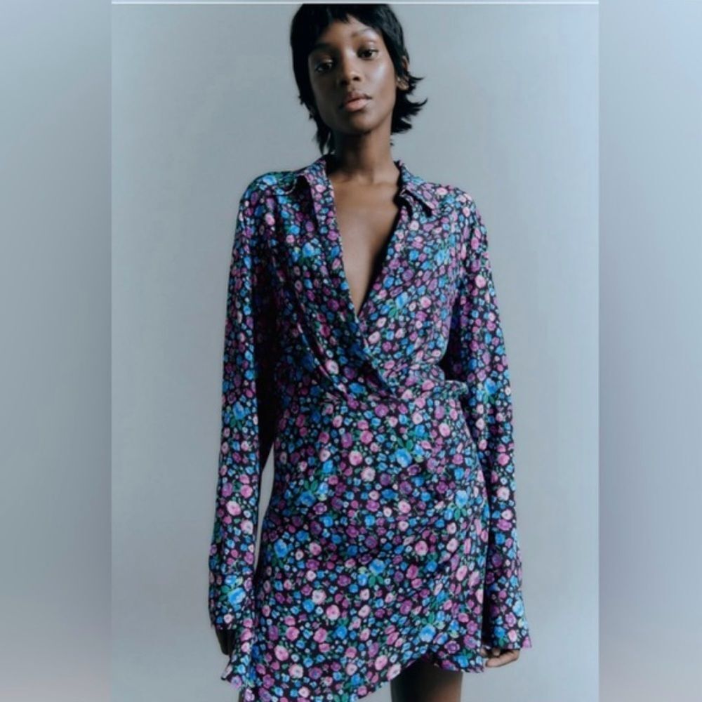 Zara Floral Faux Wrap Mini Dress Size Small Long Sleeve Collared